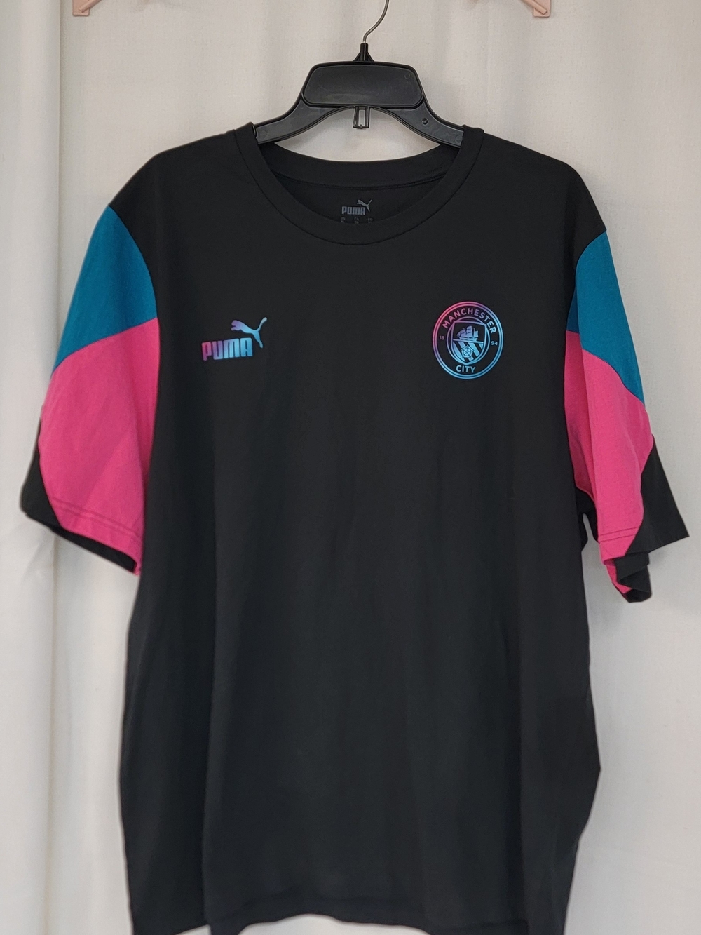 Puma x Manchester City Black Tee with Pink & Teal Sleeve Accents